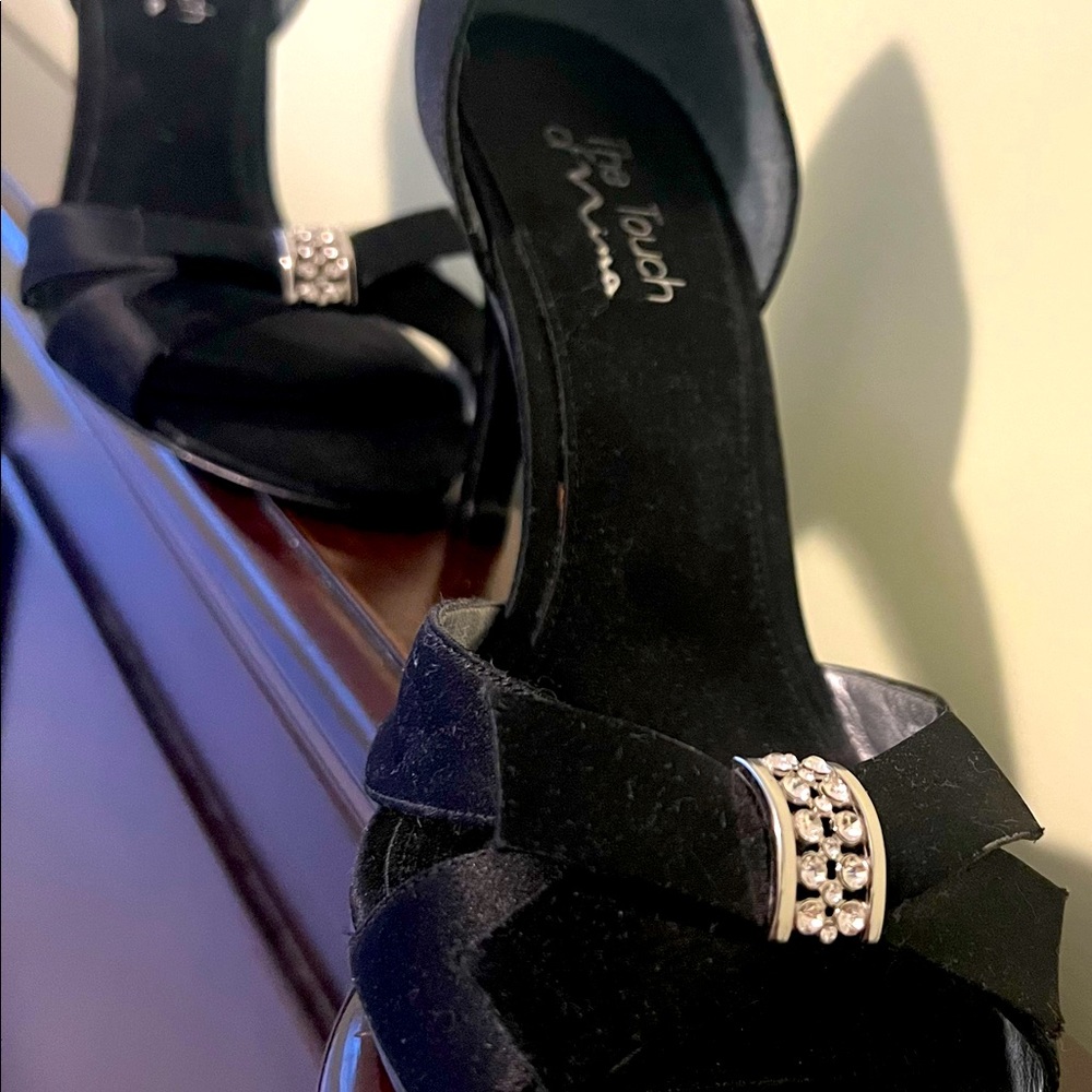 Satin open toe heels with rhinestone detail